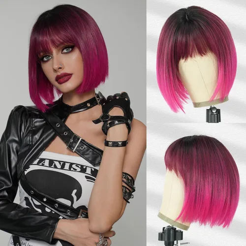 Miniatura 7 de 7JHH WIGS Peluca corta y lacia con flequillo de 12 pulgadas, peluca corta de cabello natural rubio natural con reflejos estilo Bob, cabello Peluca