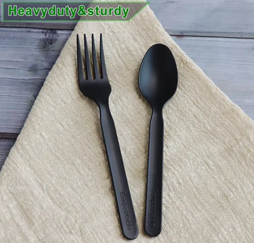 Miniatura 3 de GreenWorks 200 unidades de 100 tenedores y 100 cucharas compostables de alta resistencia, certificado BPI, juego de cubiertos grandes, alternativa a