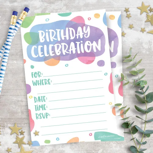 Miniatura 8 de Puntos de acuarela – Invitaciones de fiesta de cumpleaños – Estilo de relleno (20 unidades) con sobres