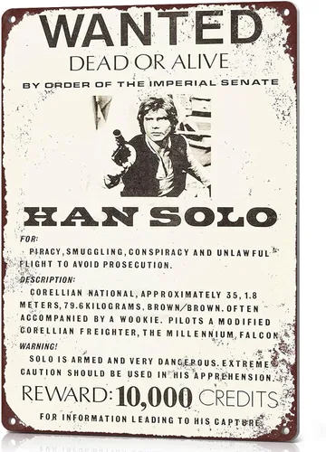 Wisesign Letrero de hojalata para decoración de pared, letreros de metal de estaño Han Solo Wanted Poster Vintage Reproducción 8 x 12 personalizado