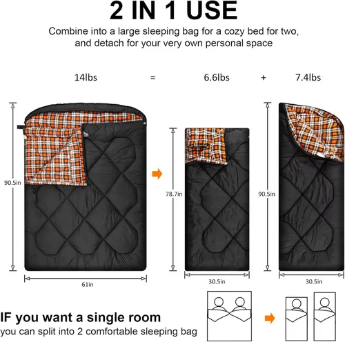 Miniatura 3 de Saco de dormir doble de 0 grados para adultos, forro de franela de algodón para 2 personas, tamaño Queen, cálido saco de dormir para familia