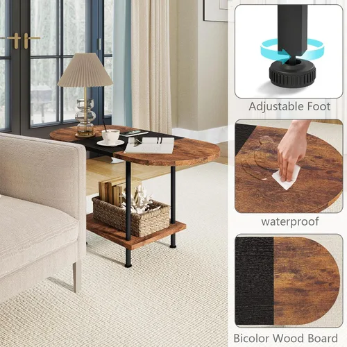 Miniatura 7 de Mesas de café, mesa central moderna con estante de almacenamiento, mesa de 2 niveles para sala de estar, diseño moderno de dos tonos (negro mezclado)