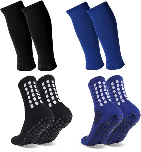 ZXOLDZX 2 Juego de Calcetines de Agarre para Fútbol con Mangas de Protector de Espinilleras, Calcetines de Espinillera para Piernas sin