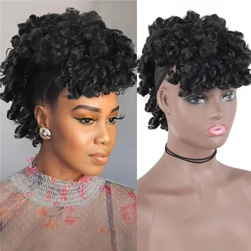 Miniatura 9 de Aisaide Cola de caballo afro Mohawk alta con flequillo sin cordón, extensión de cola de caballo corta rizada sin cordón, clip sintético en moño
