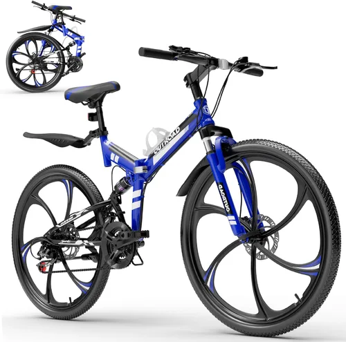 Miniatura 11 de Max4out Bicicleta de montaña plegable de 26 pulgadas, bicicleta de suspensión completa de 21 velocidades, freno de doble disco, neumático