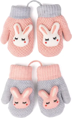 Flammi - 2 pares de mitones para bebés, niños y niñas, forro de sherpa de invierno, guantes de punto cálido, guantes de dibujos animados para niños