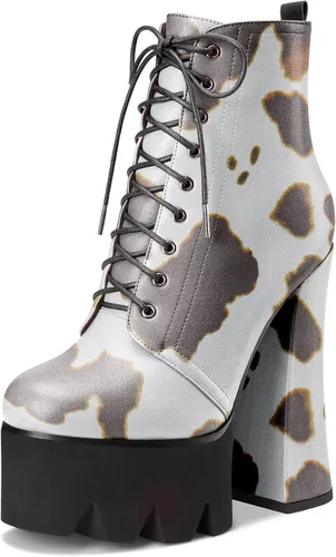 Miniatura 10 de HDEUOLM Botas de tobillo con tacón alto de bloque grueso para mujer, puntera redonda, botines cortos con cordones y cremallera, zapatos clásicos
