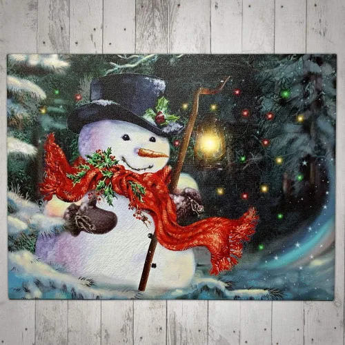 Miniatura 5 de Lienzo de muñeco de nieve iluminado con linterna LED, impresión de escena de invierno de Navidad, decoración navideña para colgar en la pared