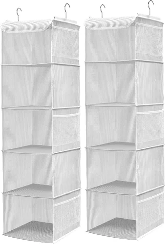 BrilliantJo Organizador colgante de armario con 5 estantes, 2 paquetes de almacenamiento colgante con 6 bolsillos laterales para ropa y zapatos, 43