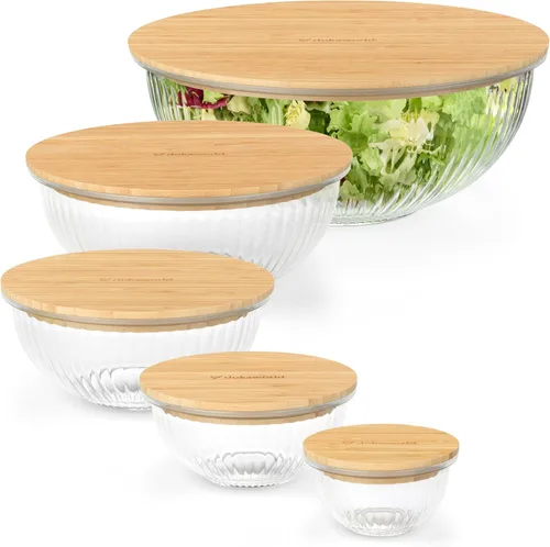 Juego apilable de 5 cuencos de vidrio anidados para ahorrar espacio con tapas de bambú para preparación de alimentos, almacenamiento, horneado,