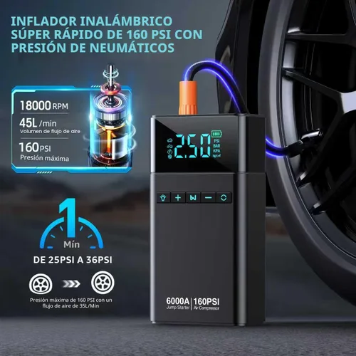 Miniatura 3 de Arrancador de batería portátil para automóvil de 10 en 1 con compresor de aire, arrancador de puente portátil para automóvil de 6000A 160PSI
