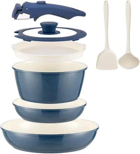 Juego de 8 ollas y sartenes antiadherentes de cerámica con mango extraíble, juego de cocina de inducción con sartenes y sartén, color azul