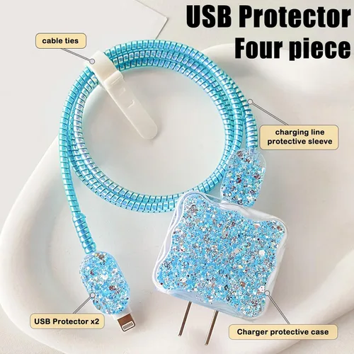Miniatura 2 de CameCosy Protector de cable de lujo compatible con cargador de iPhone, diseño de borde ondulado con purpurina, funda USB de línea de datos, Azul