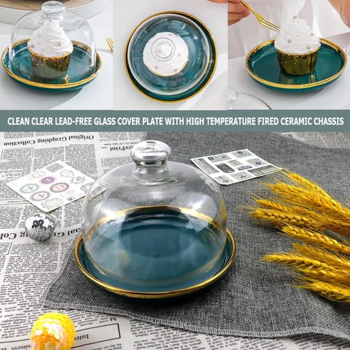 Miniatura 7 de DOERDO - Soporte para pasteles de 6 pulgadas con cúpula, plato de cerámica con cúpula de vidrio transparente, para macarrón, queso, postres, 6 x 4.7