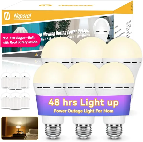 Miniatura 9 de Neporal LITE Bombillas de luz de emergencia recargables A19, se encienden hasta por 48 horas, bombilla de batería, bombilla LED E26 de 5000K, luces