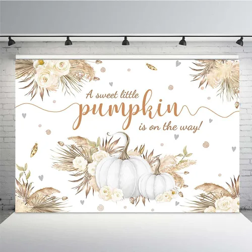 Miniatura 13 de MEHOFOND Telón de fondo bohemio de calabaza pequeña de 7 x 5 pies para niño, baby shower, hojas de otoño, hierba de pampas, hierba de Acción