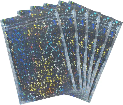 Miniatura 9 de Bolsas holográficas de 4 x 6 pulgadas, 100 bolsas resellables con cierre de mylar con patrón de estrellas para almacenamiento de alimentos