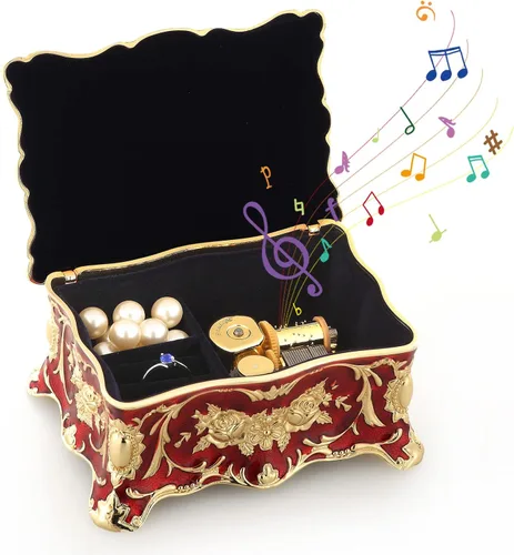 Miniatura 19 de ROSIKING Caja de música de aleación de metal en relieve en forma de corazón azul, caja musical antigua para joyería con cuerda, regalos