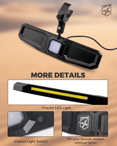 Miniatura 4 de Xprite Espejo retrovisor UTV de 13 pulgadas, espejo central SXS UTV con luces interiores, abrazadera de aluminio ajustable para montaje de 1.5 a 2