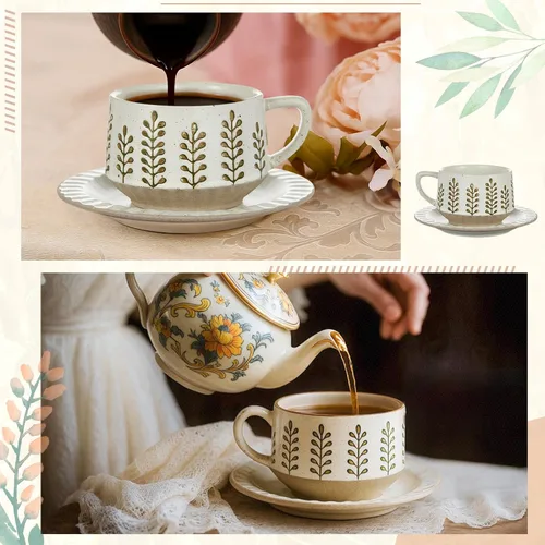 Miniatura 5 de LemonRoad Juego de tazas de té y platillo vintage, tazas de café de porcelana de 10 onzas con platillo para café con leche, moca, capuchino, tazas