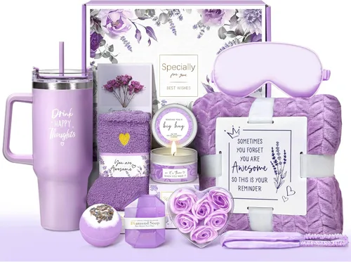 Regalos de cumpleaños para mujeres, cuidado personal, regalos de pronta recuperación, cesta de regalo de spa relajante de lavanda - paquete de