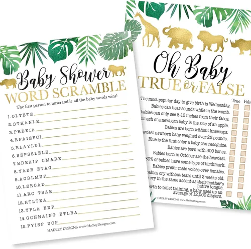 Hadley Designs Juegos de baby shower para 25 invitados – Safari Baby Shower Juego de palabras Scramble, verdadero o falso, juego de baby shower para