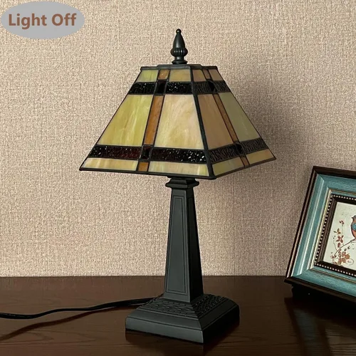 Miniatura 8 de Tiffany - Lámpara de mesa pequeña hecha a mano con vitrales, lámpara de escritorio antigua estilo misión ámbar para dormitorio, sala de estar