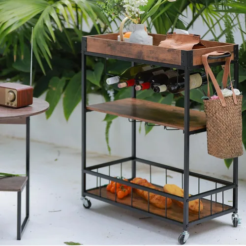 Miniatura 8 de Carro de servicio para bar con soporte para vino de 3 niveles para el hogar, con ruedas, móvil, estilo industrial vintage, carretilla de servicio