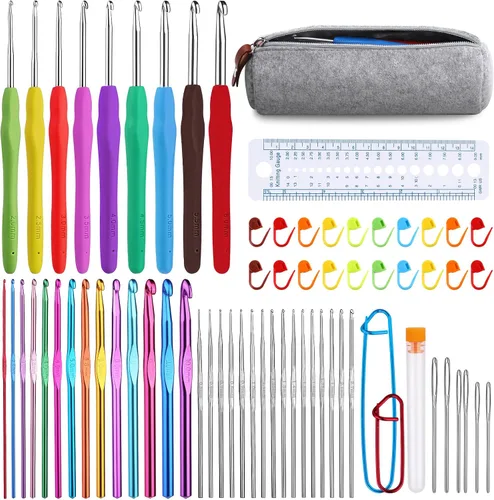 Mayboos Juego de 72 ganchos de ganchillo, kit de ganchos de ganchillo más agujas romas de ojo grande, agujas ergonómicas de hilo para tejer, clips