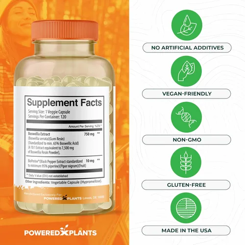 Miniatura 5 de Boswellia Serrata Suplemento de apoyo articular de Powered by Plants - 65% de ácidos boswélicos de alta potencia con bioperina - Apoya la inmunidad