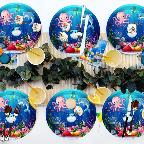 Miniatura 5 de 40 piezas de suministros para fiesta de cumpleaños bajo el mar, platos de papel para fiesta de vida marina oceánica, platos de postre de animales