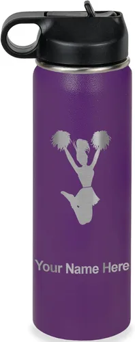 Miniatura 51 de LaserGram Botella de agua personalizada, animadora, acero inoxidable de doble pared aislada al vacío con popote superior, regalo grabado