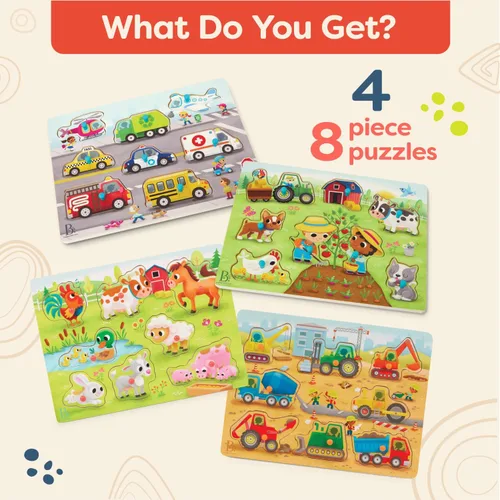 Miniatura 6 de B. toys Peek & Explore Puzzle 4 – Pack – Juguetes de madera para niños pequeños – 8 piezas cada uno – Vehículos, camiones, animales, corral – 2+ años