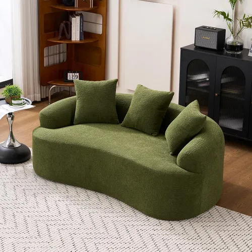 Miniatura 10 de Sofá biplaza curvo de 65 pulgadas para espacios pequeños, sofá biplaza sin hueso, tela de felpilla de grano de madera, no requiere instalación, sofá