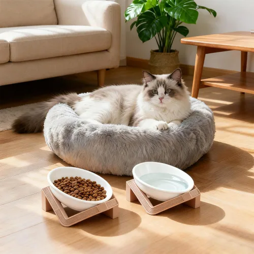 Miniatura 6 de 2 cuencos elevados para gatos, platos de cerámica de acero inoxidable de 5.1 pulgadas, para alimentación de mascotas, cuenco de agua inclinado