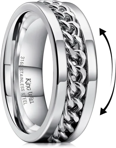 Miniatura 65 de King Will - Anillo antiestrés de acero inoxidable 316L para hombres y mujeres, con cadena decorativa giratoria, 8 mm de ancho, anillo de boda
