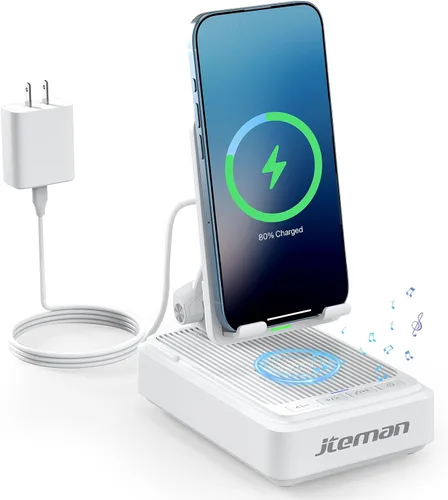 Miniatura 10 de Jteman Soporte para teléfono celular con altavoz Bluetooth y cargador inalámbrico, soporte de estación de carga de escritorio con altavoz