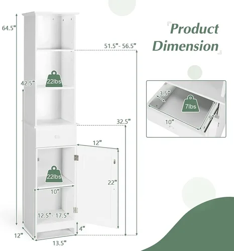 Miniatura 3 de MAT EXPERT Armario alto de baño, armario de almacenamiento independiente con estante y cajón de 3 niveles, torre estrecha de lino para baño