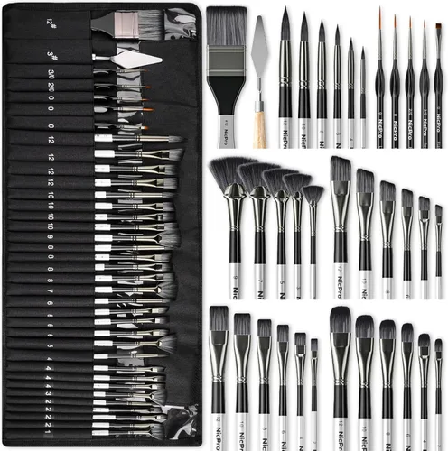 Nicpro Juego de 36 pinceles de pintura, pinceles profesionales con cuchillo de paleta y rollo de tela, adecuados para artistas y principiantes para