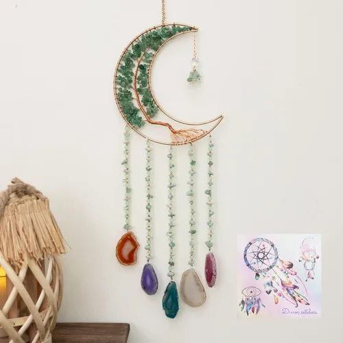 Miniatura 18 de Adorno de Ágata de Piedra de Cristal Gema Natural Árbol de la Vida Luna Atrapasueños con Cristal 7 Chakra Piedras Preciosas Atrapasueños de Arcoíris