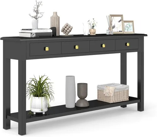 Miniatura 11 de Mesa consola con cajón, mesa de entrada larga estrecha con estante inferior para pasillo, entrada y sala de estar, color negro