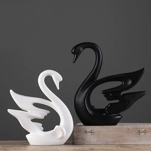 Miniatura 3 de Wnvivi 2 figuras de cisne, escultura de cisne de cerámica en blanco y negro, decoración moderna de cisne para pareja para dormitorio, estante