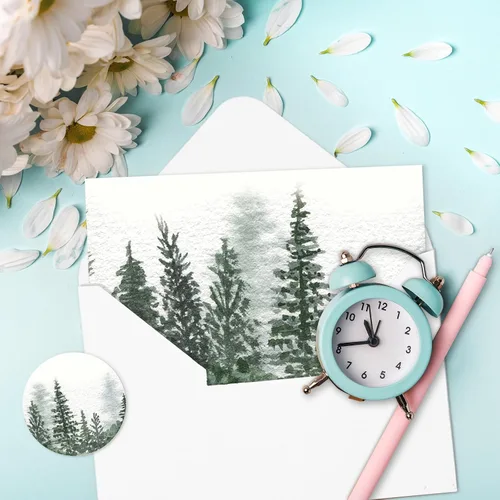 Miniatura 4 de AnyDesign Paquete de 36 tarjetas de agradecimiento de bosque de acuarela, montañas, paisaje, con sobres, calcomanías de bosque de montaña, tarjeta