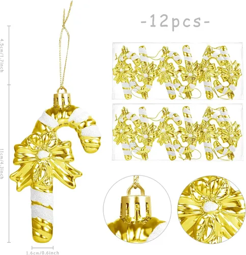 Miniatura 2 de GWHOLE 12 piezas de decoración navideña de bastón de caramelo, adornos dorados de bastón de caramelo, bastón de caramelo trenzado con purpurina