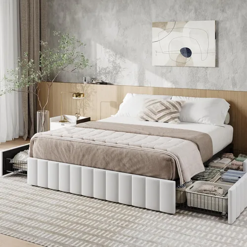 Miniatura 11 de Allewie Base de cama de plataforma de tamaño completo con 4 cajones de almacenamiento grandes, base de cama tapizada con canales verticales