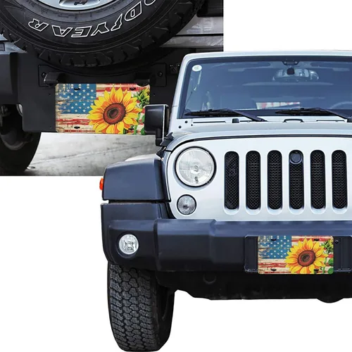 Miniatura 7 de Placa delantera retro con bandera americana y girasol para auto de mujer, placas decorativas de aluminio metálico, linda placa novedosa para hombre