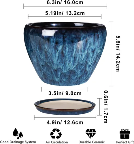 Miniatura 2 de Maceta de Cerámica Moderna con Esmalte para Suculentas con Agujero de Drenaje y Platillo, Maceta Redonda de 6 Pulgadas para Plantas de Flores