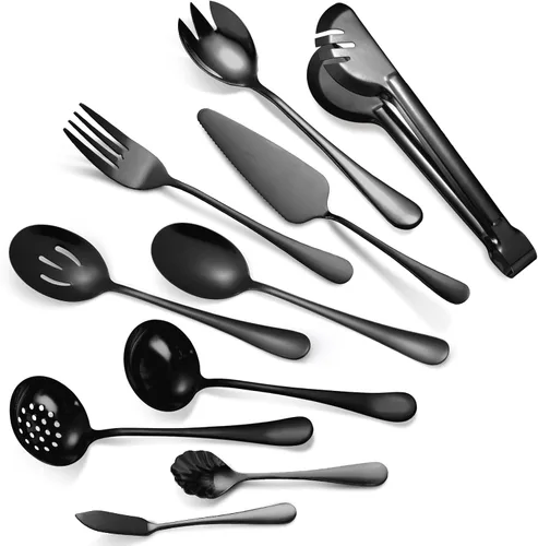 Juego de Utensilios para Servir Negros de 10 Piezas de Acero Inoxidable para Cocina Catering Cubertería incluye Pinzas para Catering Cucharas