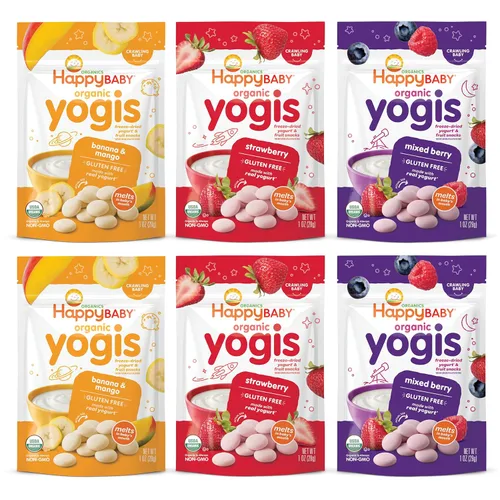 Miniatura 9 de Happy Baby Organics Yogis - Bocadillos liofilizados de yogur y frutas, paquete variado (paquete de 6) y mordedor, paquete variado de 3 sabores, 12