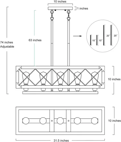 Miniatura 7 de Lámpara de araña de granja para comedor, lámpara rectangular de 5 luces, iluminación de isla de cocina de madera, 31.5 pulgadas de largo